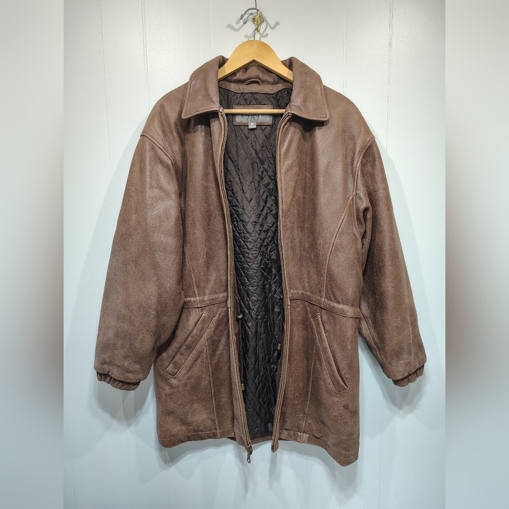 Wilsons Leather Brown Genuine Leather Long Coat Quilted Lined Zip Waist Medium‎